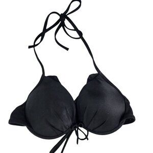 Victoria Secret Black Halter Padded Bikini Swim Top Ruffle Size 34A